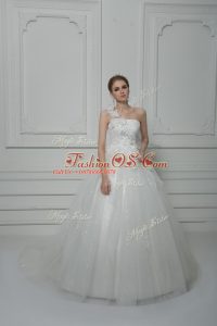 Sexy White One Shoulder Lace Up Beading and Lace and Hand Made Flower Wedding Dress Brush Train Sleeveless