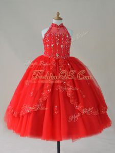 Sleeveless Tulle Floor Length Lace Up Glitz Pageant Dress in Red with Beading and Appliques