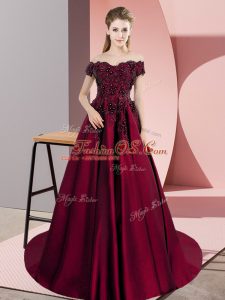 Modern Wine Red Off The Shoulder Zipper Appliques Vestidos de Quinceanera Court Train Sleeveless