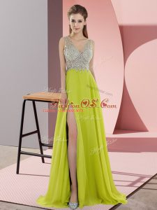 Lovely Yellow Green Empire Beading Prom Dress Zipper Chiffon Sleeveless