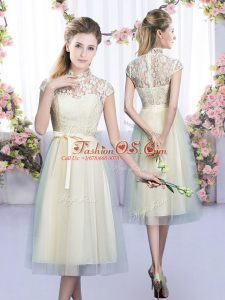 Fantastic Champagne Zipper Vestidos de Damas Lace and Bowknot Cap Sleeves Tea Length