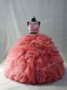 Superior Watermelon Red Two Pieces Beading Ball Gown Prom Dress Zipper Organza Sleeveless Floor Length