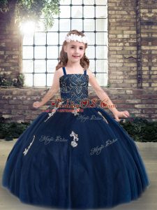 Floor Length Lace Up Little Girl Pageant Gowns Navy Blue for Party and Military Ball and Wedding Party with Appliques