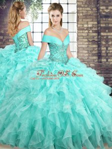 Designer Aqua Blue Sweet 16 Dresses Organza Brush Train Sleeveless Beading and Ruffles