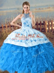 Clearance Halter Top Sleeveless Court Train Lace Up Quince Ball Gowns Baby Blue Organza