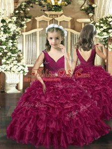 Fashion Burgundy V-neck Neckline Beading and Ruffles Little Girl Pageant Dress Sleeveless Backless