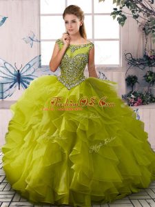 Trendy Floor Length Olive Green Quinceanera Gowns Organza Sleeveless Beading and Ruffles