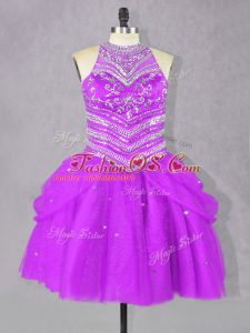 Tulle Halter Top Sleeveless Lace Up Beading Homecoming Dress in Fuchsia