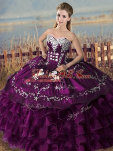 Great Sleeveless Floor Length Embroidery and Ruffles Lace Up 15 Quinceanera Dress with Purple