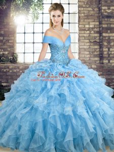 Glamorous Blue Quince Ball Gowns Organza Brush Train Sleeveless Beading and Ruffles