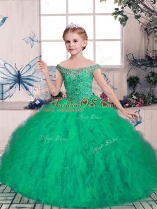 Admirable Off The Shoulder Sleeveless Little Girls Pageant Dress Wholesale Floor Length Beading Green Tulle