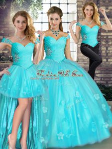 Tulle Sleeveless Floor Length Ball Gown Prom Dress and Beading and Appliques