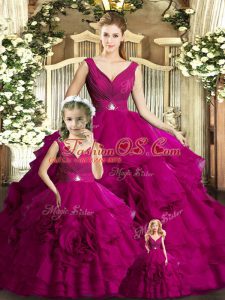 Edgy Fuchsia Ball Gowns Beading and Ruffles Quinceanera Gown Backless Organza Sleeveless Floor Length