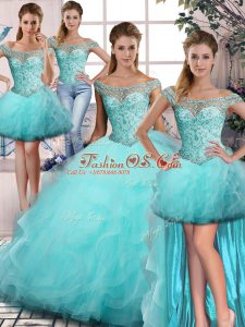 Sleeveless Floor Length Beading and Ruffles Lace Up Ball Gown Prom Dress with Aqua Blue