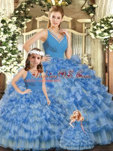 Blue Backless V-neck Ruffled Layers and Ruching Quinceanera Dresses Organza Sleeveless