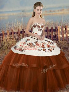 Perfect Floor Length Brown Quinceanera Gown Tulle Sleeveless Embroidery and Bowknot