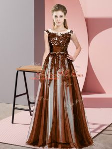 Beading and Lace Quinceanera Court Dresses Brown Zipper Sleeveless Floor Length