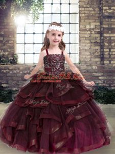 Excellent Burgundy Ball Gowns Tulle Straps Sleeveless Beading and Ruffles Floor Length Lace Up Pageant Dress for Womens