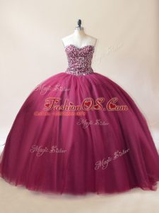 Luxury Burgundy Lace Up Quinceanera Gown Beading Sleeveless Floor Length
