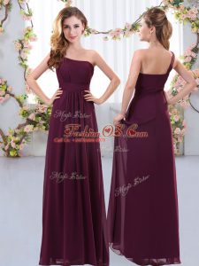 Glittering Sleeveless Floor Length Ruching Zipper Bridesmaid Dresses with Burgundy