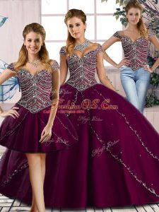 Best Selling Cap Sleeves Tulle Brush Train Lace Up Quinceanera Dress in Purple with Beading