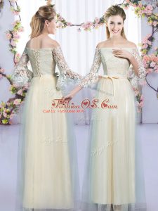 Super Champagne Empire Tulle Off The Shoulder 3 4 Length Sleeve Lace and Bowknot Floor Length Lace Up Dama Dress