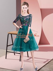 Half Sleeves Tulle Knee Length Lace Up Dama Dress in Teal with Embroidery