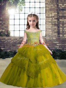 Elegant Olive Green Little Girl Pageant Gowns Party and Wedding Party with Beading and Appliques Off The Shoulder Sleeveless Lace Up