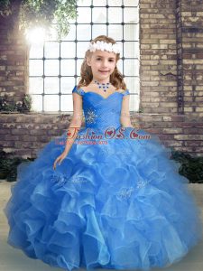 Blue Ball Gowns Beading and Ruching Little Girl Pageant Dress Lace Up Organza Sleeveless Floor Length