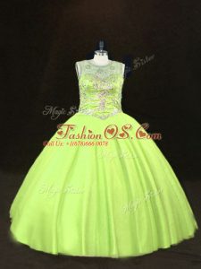 Elegant Scoop Sleeveless Lace Up 15 Quinceanera Dress Yellow Green Tulle