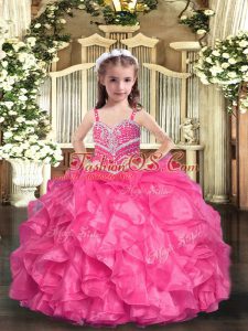 Sleeveless Organza Floor Length Lace Up Little Girls Pageant Gowns in Hot Pink with Beading and Ruffles