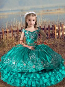 Turquoise Ball Gowns Satin and Organza Off The Shoulder Sleeveless Embroidery and Ruffled Layers Floor Length Lace Up Pageant Gowns For Girls