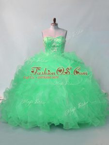 Affordable Green Organza Lace Up Quinceanera Gowns Sleeveless Floor Length Beading and Ruffles