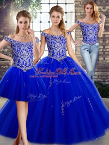 Off The Shoulder Sleeveless Sweet 16 Quinceanera Dress Floor Length Beading Royal Blue Tulle