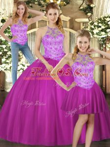 Halter Top Sleeveless Vestidos de Quinceanera Floor Length Beading Fuchsia Tulle
