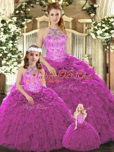 Luxury Floor Length Lace Up Sweet 16 Quinceanera Dress Fuchsia for Military Ball and Sweet 16 and Quinceanera with Beading and Ruffles