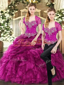 Inexpensive Organza Sweetheart Sleeveless Lace Up Beading and Ruffles and Pick Ups 15 Quinceanera Dress in Fuchsia
