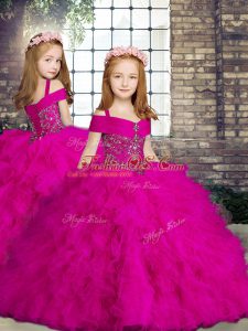 New Arrival Sleeveless Tulle Floor Length Lace Up Girls Pageant Dresses in Fuchsia with Beading and Ruffles
