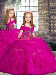 New Arrival Sleeveless Tulle Floor Length Lace Up Girls Pageant Dresses in Fuchsia with Beading and Ruffles