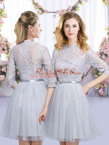 Fitting Mini Length Grey Court Dresses for Sweet 16 High-neck Half Sleeves Zipper