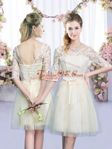 Wonderful V-neck Half Sleeves Tulle Wedding Guest Dresses Lace and Bowknot Lace Up