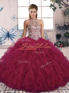 Burgundy Sleeveless Beading and Ruffles Floor Length 15 Quinceanera Dress