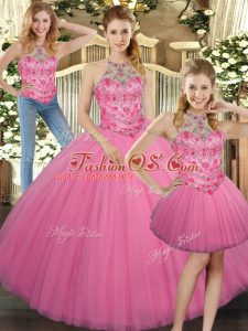 Floor Length Lace Up Sweet 16 Quinceanera Dress Rose Pink for Sweet 16 and Quinceanera with Embroidery