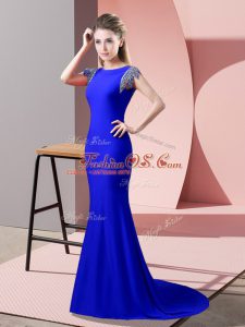 Elastic Woven Satin High-neck Short Sleeves Brush Train Backless Beading Evening Dress in Royal Blue