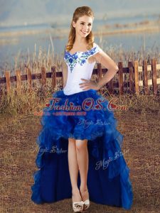Fabulous Blue And White Sleeveless High Low Embroidery Lace Up Prom Dresses