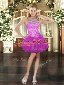 Fuchsia Sleeveless Beading and Ruffles Mini Length Military Ball Gown
