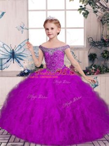 Floor Length Purple Kids Formal Wear Tulle Sleeveless Beading and Ruffles