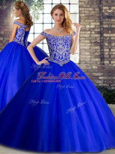 Brush Train Ball Gowns Quinceanera Dress Royal Blue Off The Shoulder Tulle Sleeveless Lace Up