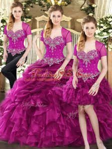 Floor Length Lace Up Sweet 16 Dress Fuchsia for Military Ball and Sweet 16 and Quinceanera with Beading and Ruffles and Pick Ups