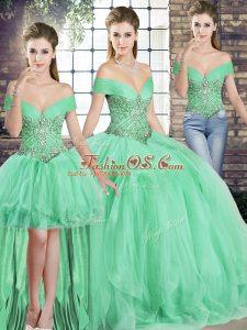 Charming Apple Green Sleeveless Tulle Lace Up 15th Birthday Dress for Military Ball and Sweet 16 and Quinceanera